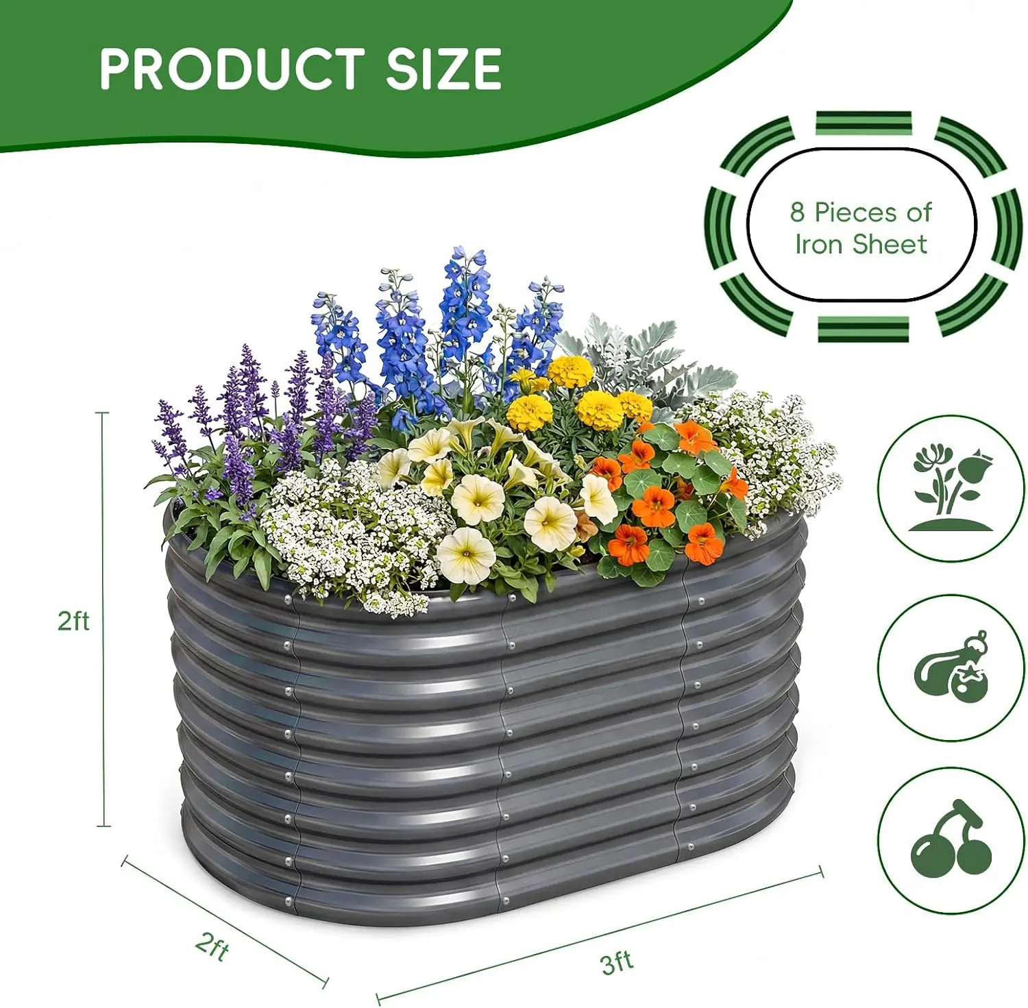Set of 3 Gray Oval Galvanized Metal Raised Garden Bed 3 ft × 2 ft × 2 ft Height, Modular Anti-Rust Outdoor Plant Containers for Vegetables Fruits Culinary Herbs Backyard Patio Ground Planting Decor