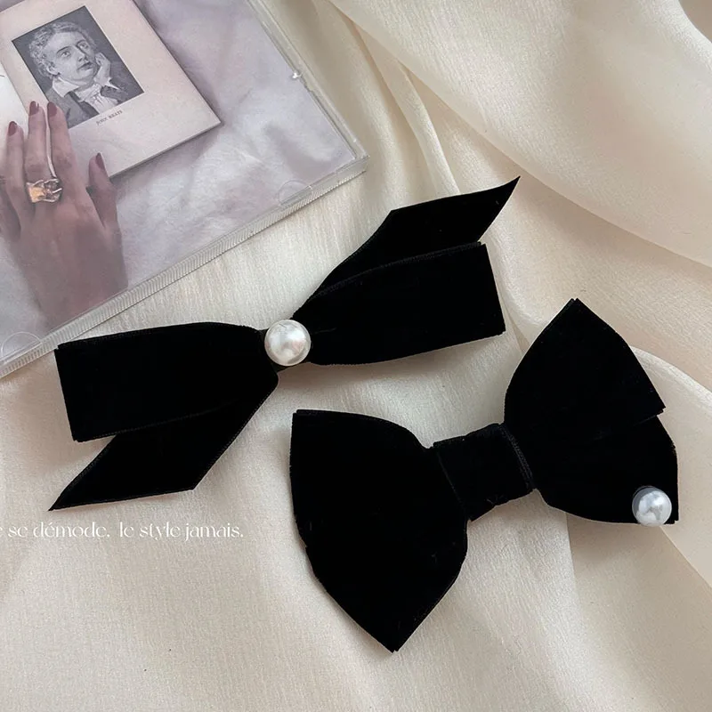 Korean Style Autumn and Winter Black Velvet Barrettes Sweet Pearl Bow Duckbill Clip All-Matching Bang Clip Accessories New