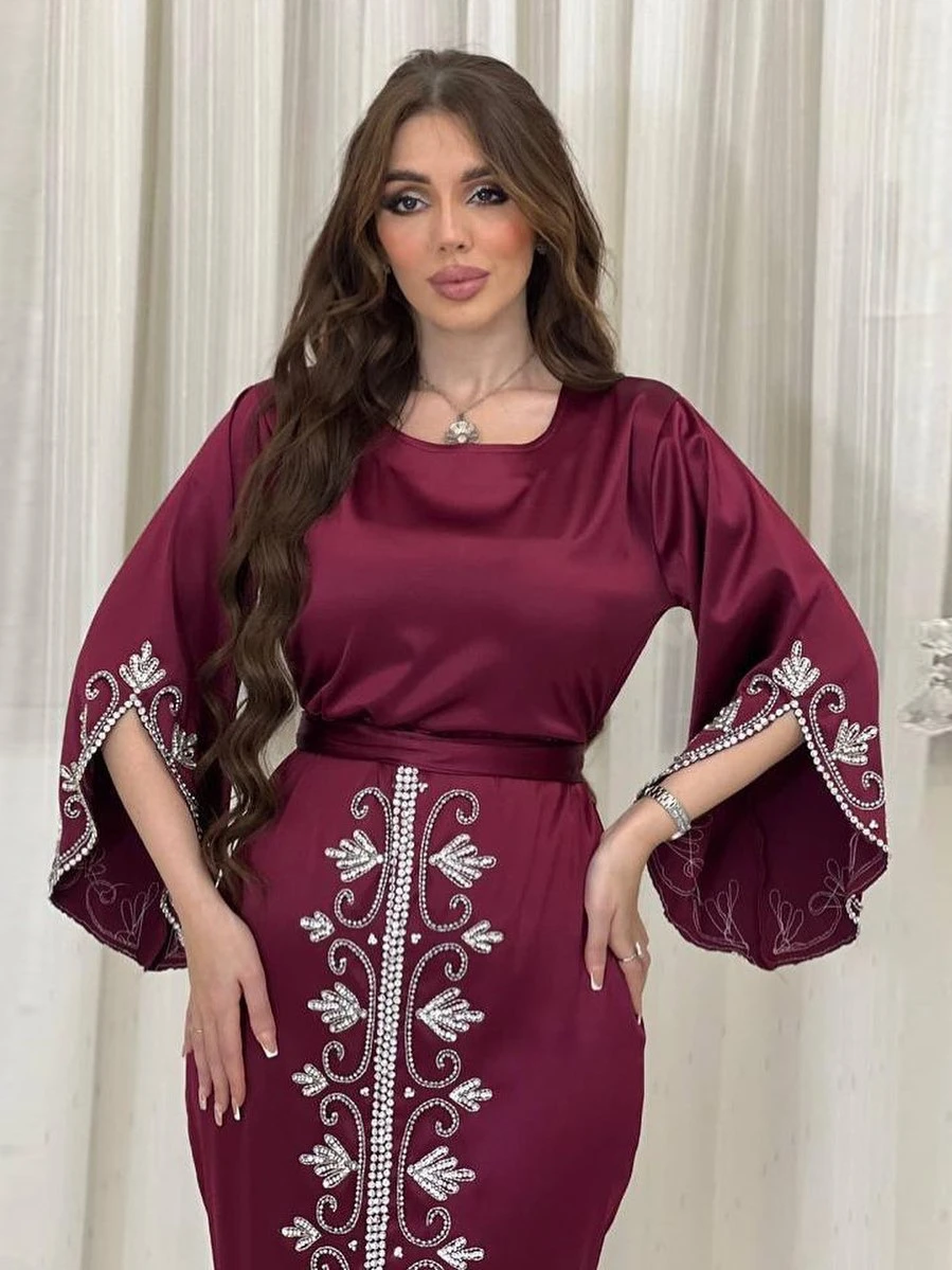 Eid Muslim Jalabiya Dress for Women Satin Abaya Morocco Party Dresses Woman Ramadan Diamond Kaftan Robe Longue Vestidos Largos