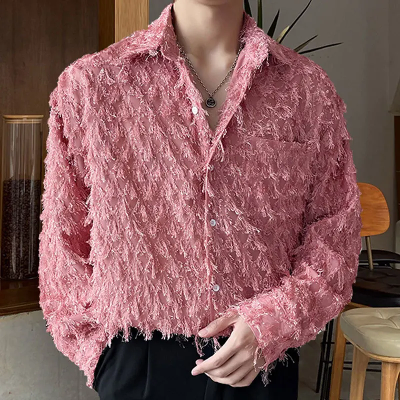 Spring Korean Vintage Lace Dress Shirt Stage Clothing Men See Through Loose Casual Thin Sun Protection Long Sleeve Shirts Male