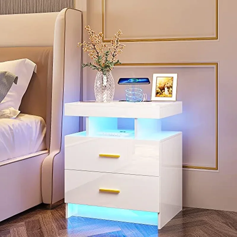 

HNEBC Auto LED Nightstand with Wireless Charging Station & USB Ports High Gloss Bedside Tables 2 Drawers Floating Nightstand