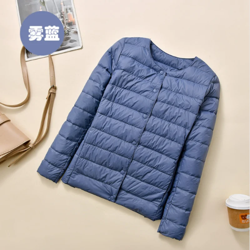 Herfst en winter Nieuw 2025, lichtgewicht donsjack voor dames, eenvoudig, modieus, elegant, woon-werkverkeer, binnenkant, ronde hals, V-hals, warme jas