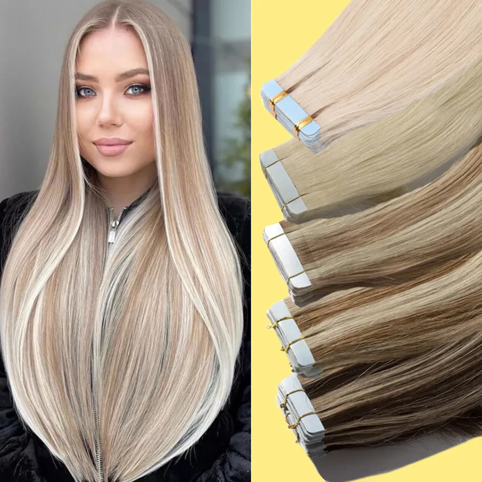 Yelo Straight Tape In Hair Extensions Human Hair European Remy Tape Ins Adhensive Real Thick Human Hair Extensions 20pcs 50G
