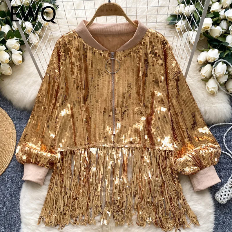 EWQ Fashion Sequin Tassel Spliced Płaszcz damski Wszechstronny luźny kołnierz stojący Długi rękaw Krótki zamek błyskawiczny Odzież 2024 Nowość