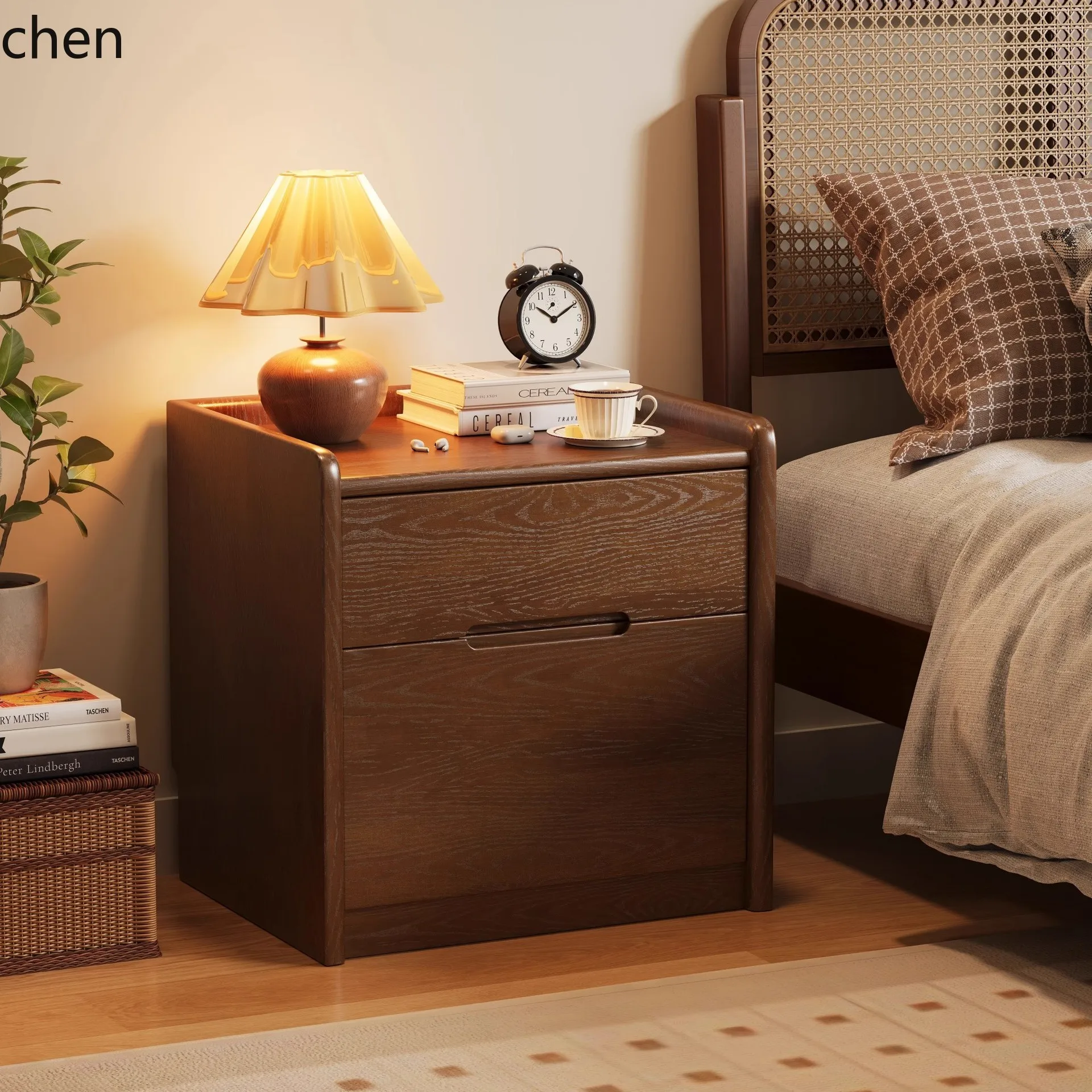 HYS Solid Wood Bedside Cabinet with Integrated Safe Simple Multifunctional Bedside Cabinet with Fingerprint Password Safe