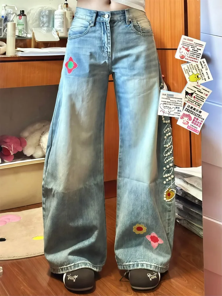 

Ретро-американская модная джинсовая юбка с высокой талией и вышивкой в стиле Spicy Girl, а также брюки в пол для женщин