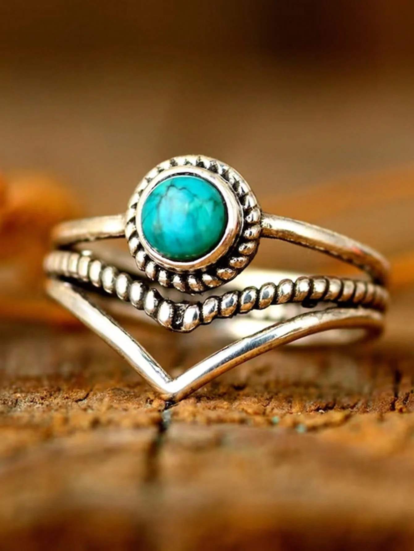 Vintage Turquoise Stackable Ring Set Boho 925 Silver Plated V‑Shape Finger Rings For Women