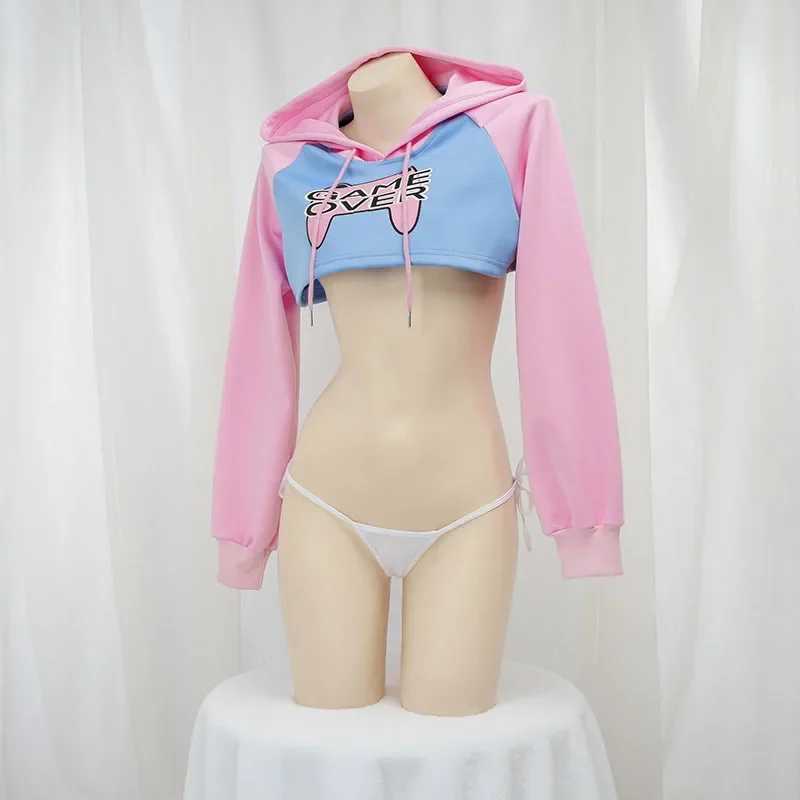 Cute Long Sleeve Crop Top Hoodie Pink Blue Matching Style Girls Student Outfit for Cosplay Nightgown view 2