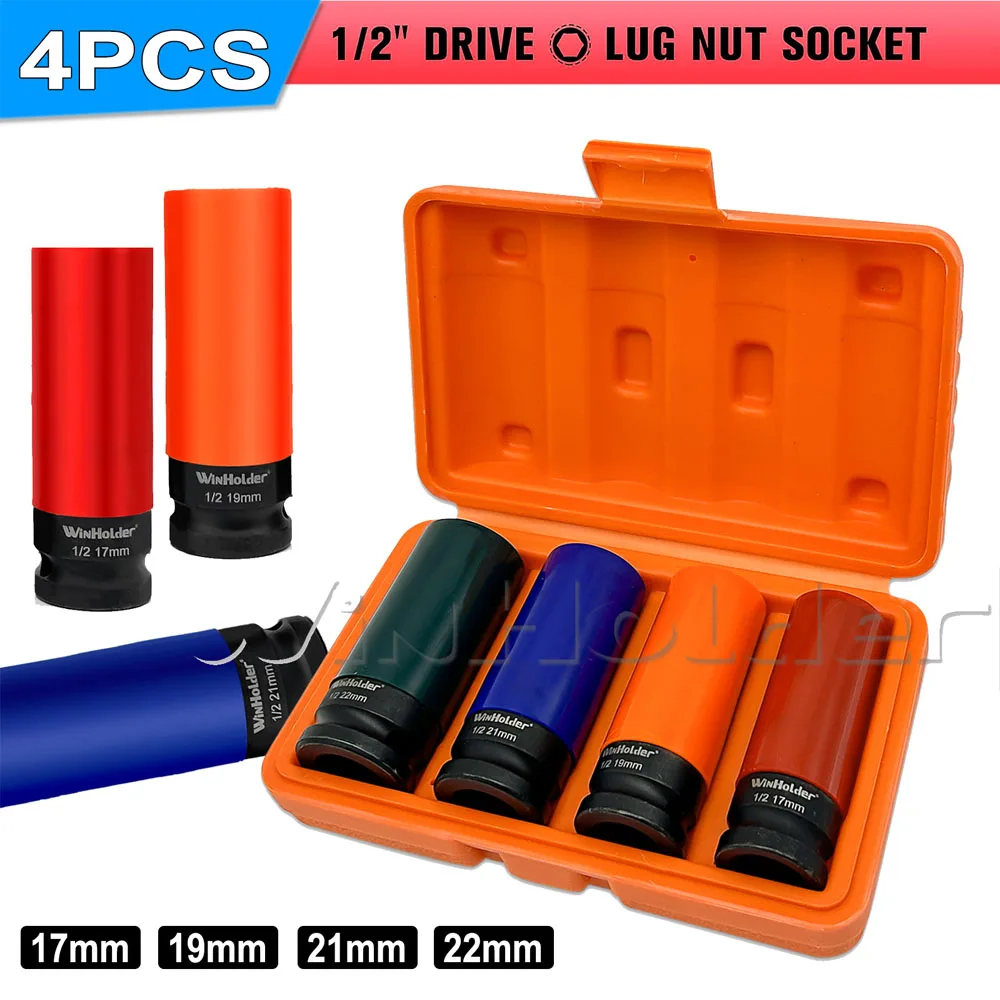 4PCS Wheel Lug Nuts Socket Tire Socket Set Thin Wall Impact Sockets with Orange Case for Cars Trucks SUVs 17mm 19mm 21mm 22mm