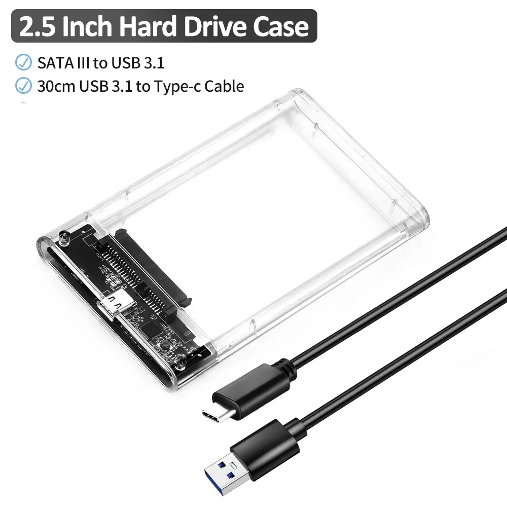 USB3.2 HDD-Gehäuse, 2,5 Zoll HDD SSD, externes Festplattengehäuse mit Display, transparenter tragbarer Aufbewahrungskoffer für Laptop-PC