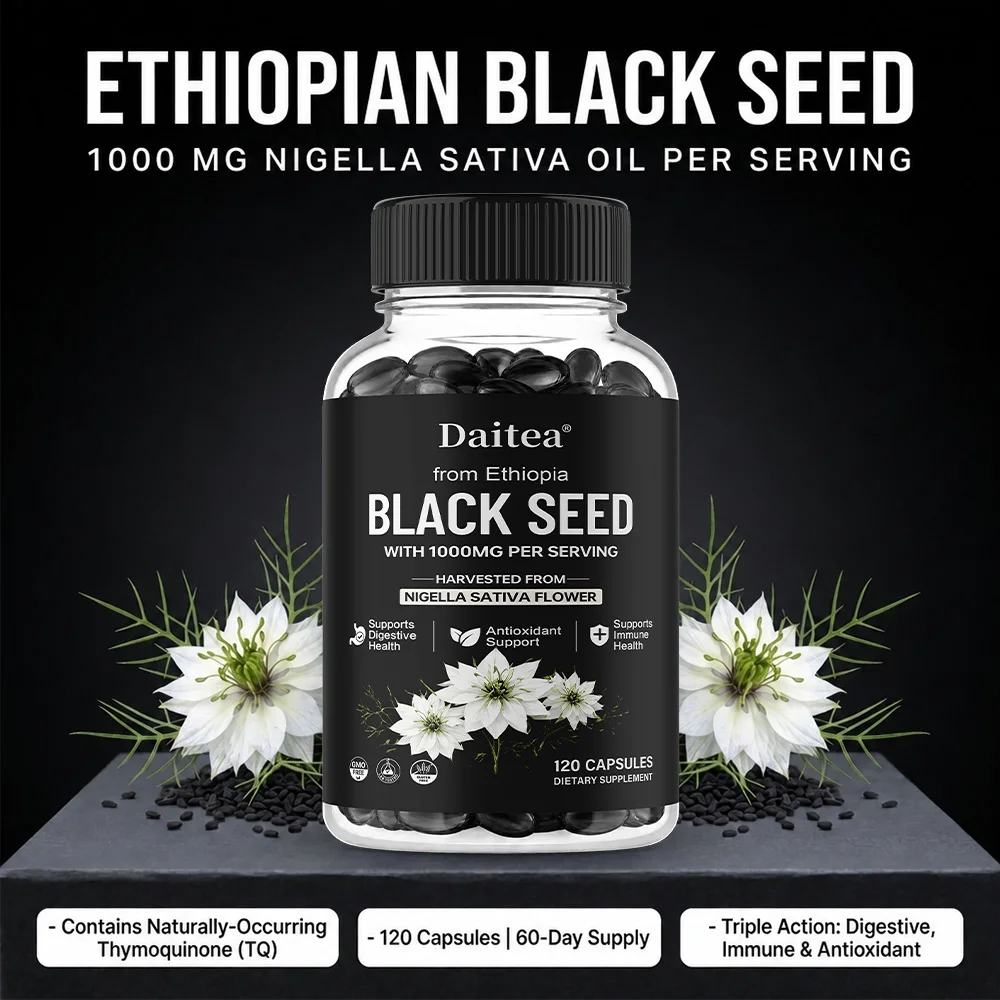 Ethiopian Black Seed Oil 1000mg, with Thymoquinone, for Daily Wellness & Vitality, 120 Softgels, Non-GMO