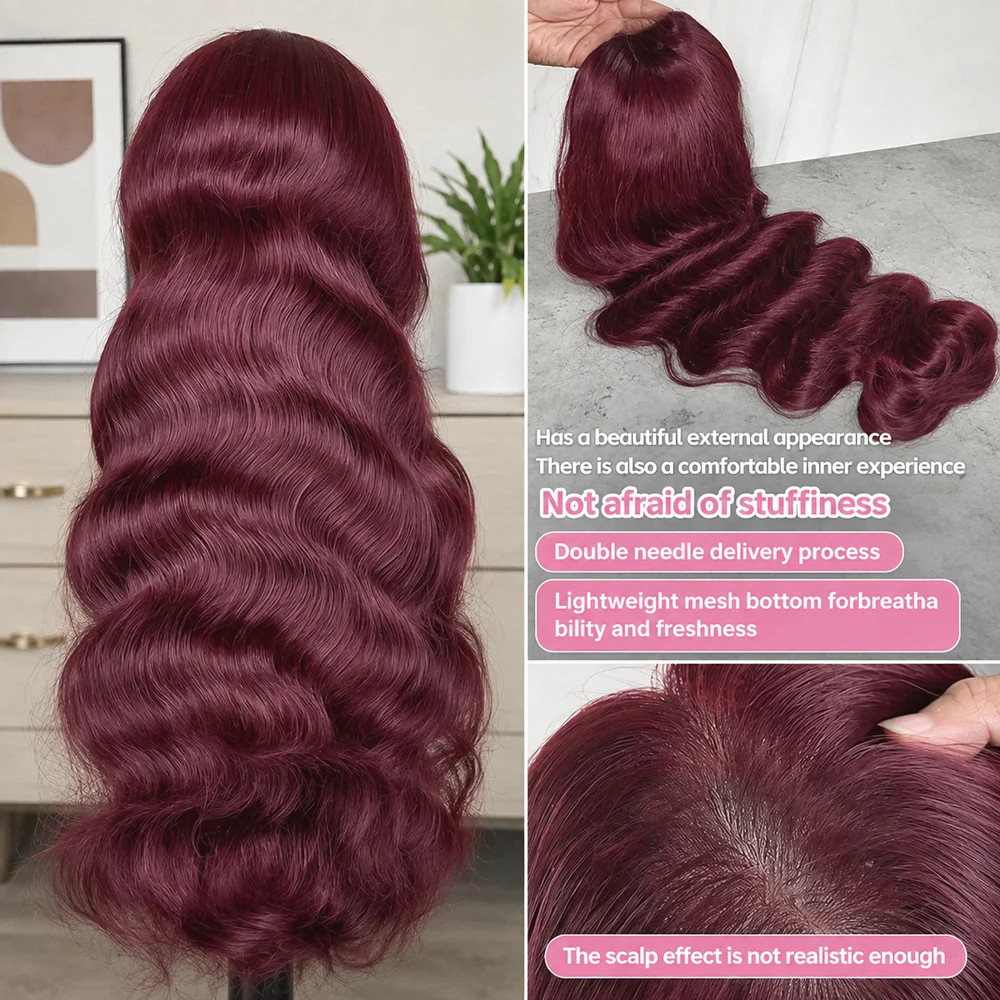 28 Inch 99J Burgundy Wig Human Hair 13X6 HD Body Wave Lace Front Wig Brazilian Pre Plucked With Baby Hair No Tangle No Shedding Red Pre Colored Wigs