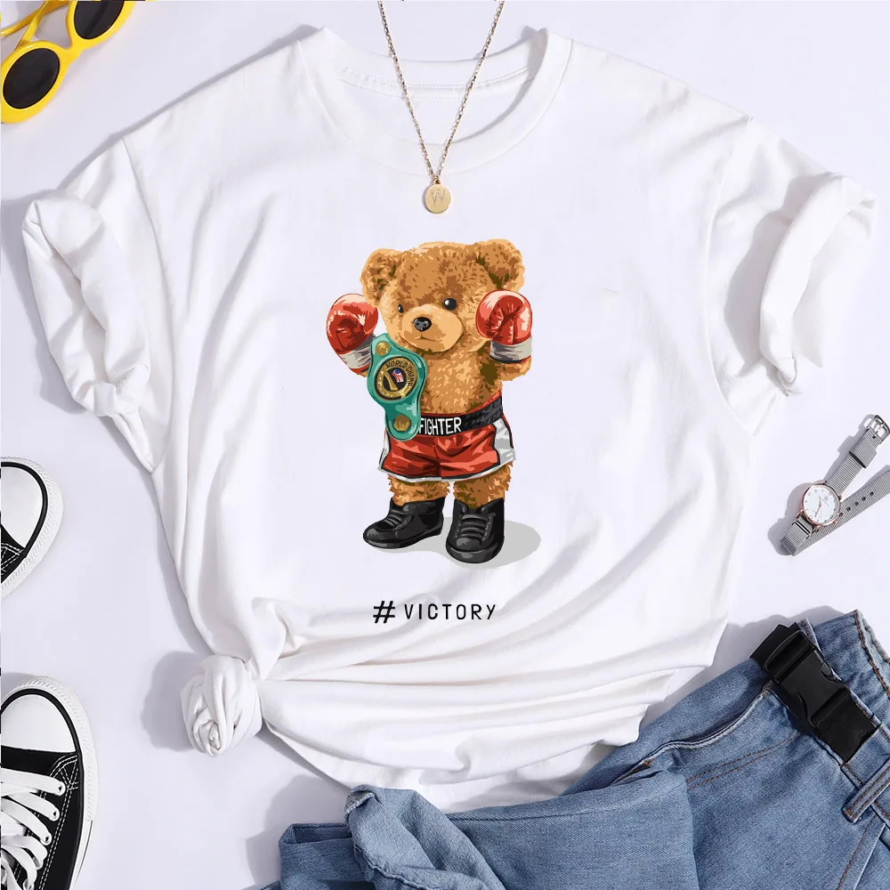 New 90 ’s Boxing Bear Short Sleeve Printing Clothing Women Summer Tshirt Harajuku Graphic Clothing Girl Tops Fashion T Shirt