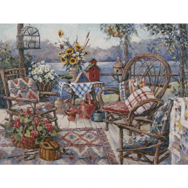 Amishop  Counted Cross Stitch Kit, Chimera Veranda, Balcony Landscape, Bird's Nest, Flower Basket, Top Quality, Beautiful,