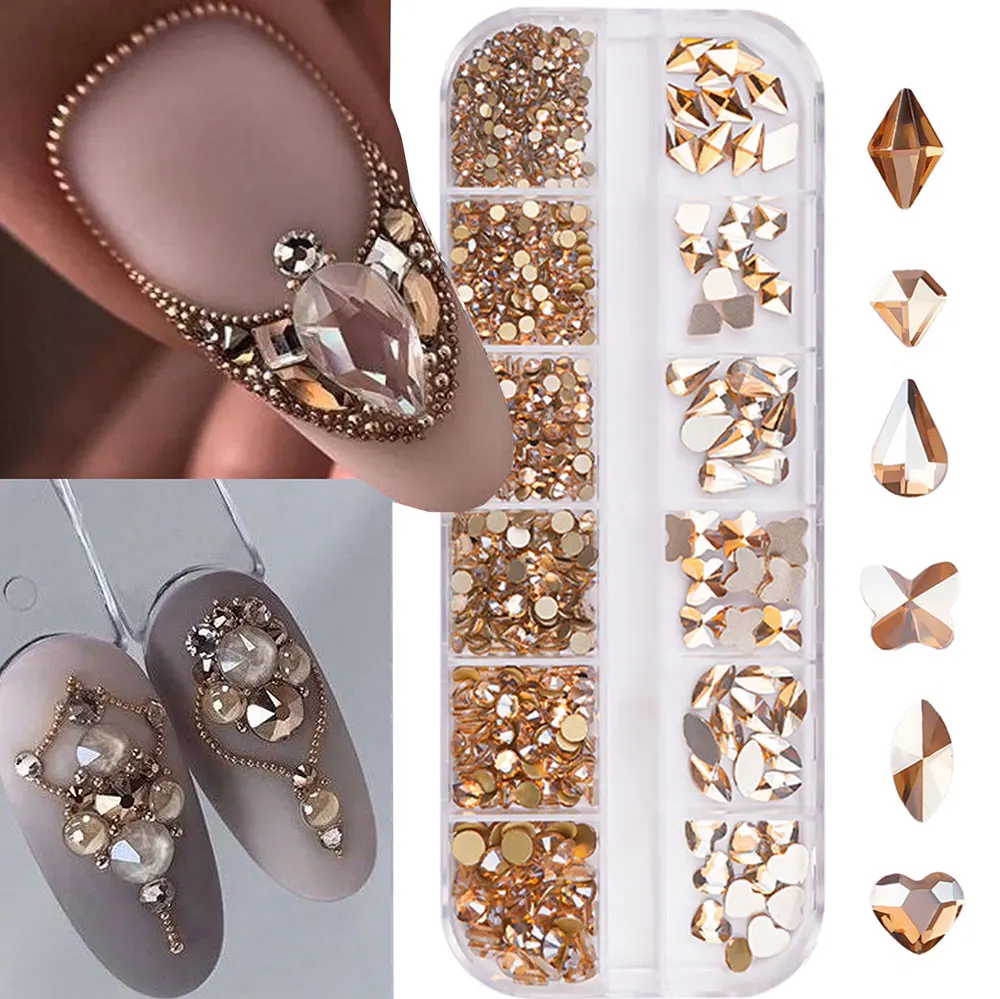12Grid 3D Champagne Gold Glass Nail Diamonds Multi Shapes Flatback Bing Crystals Rhinestones Non Hotfix Nail Art Decorations SE2