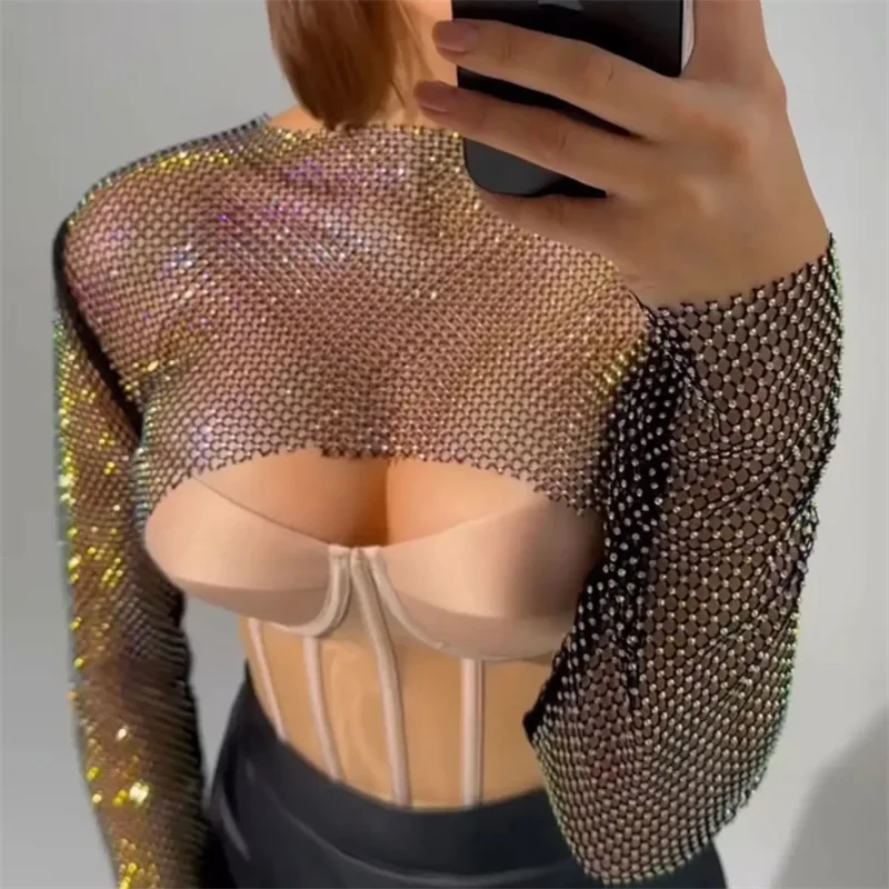 Damen AB Strass Netzstoff Langarm Crop Top Glänzendes Funkelndes Mesh Durchsichtiges Cover-Up Top Sexy Nachtclub Rave Party Festival – Detail 1