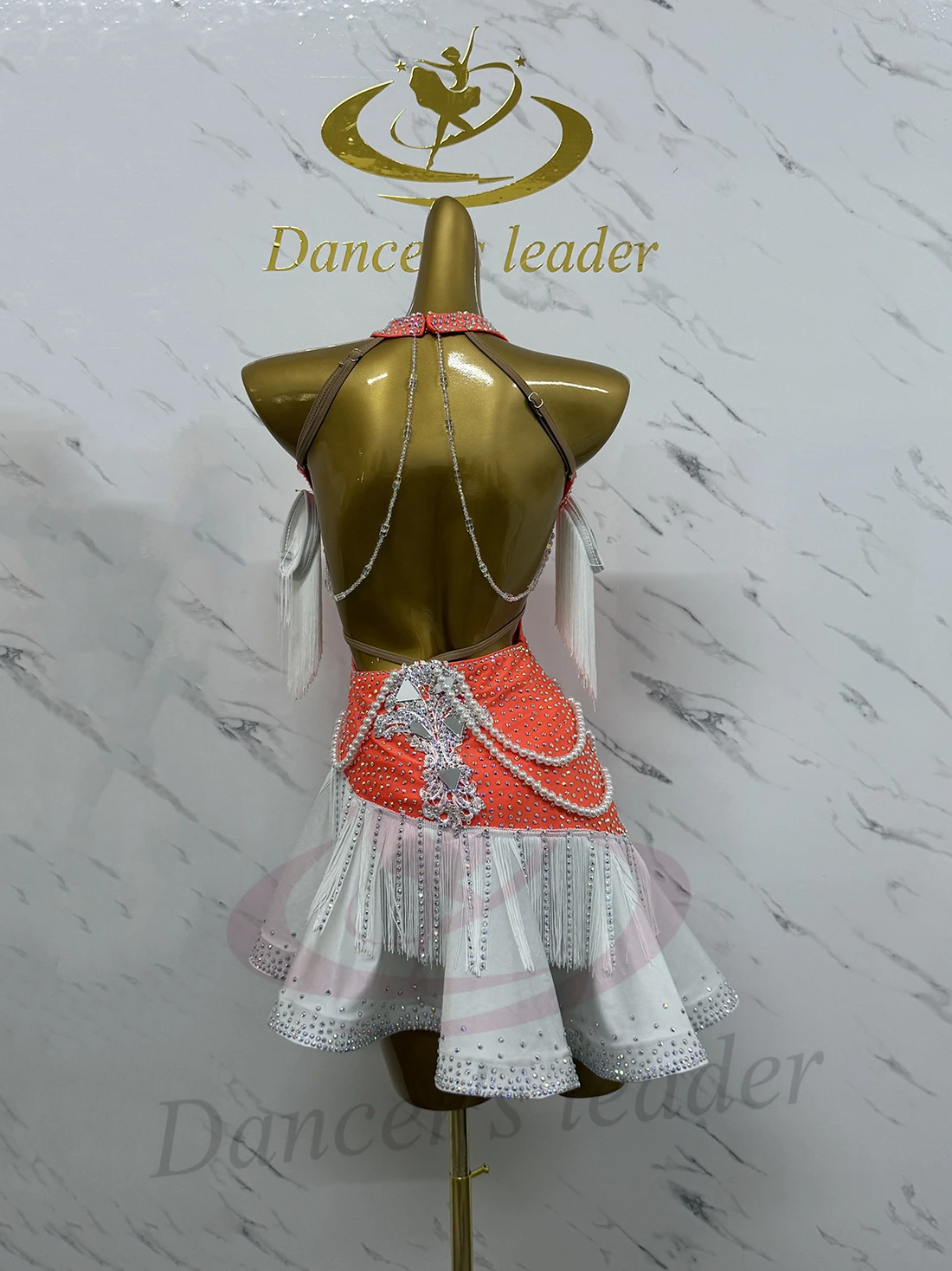 Latin Dance Adult Children'S Dress AB Stone High-End Custom Pearl String Flower Suit Cha Cha Tango Women'S Clothing