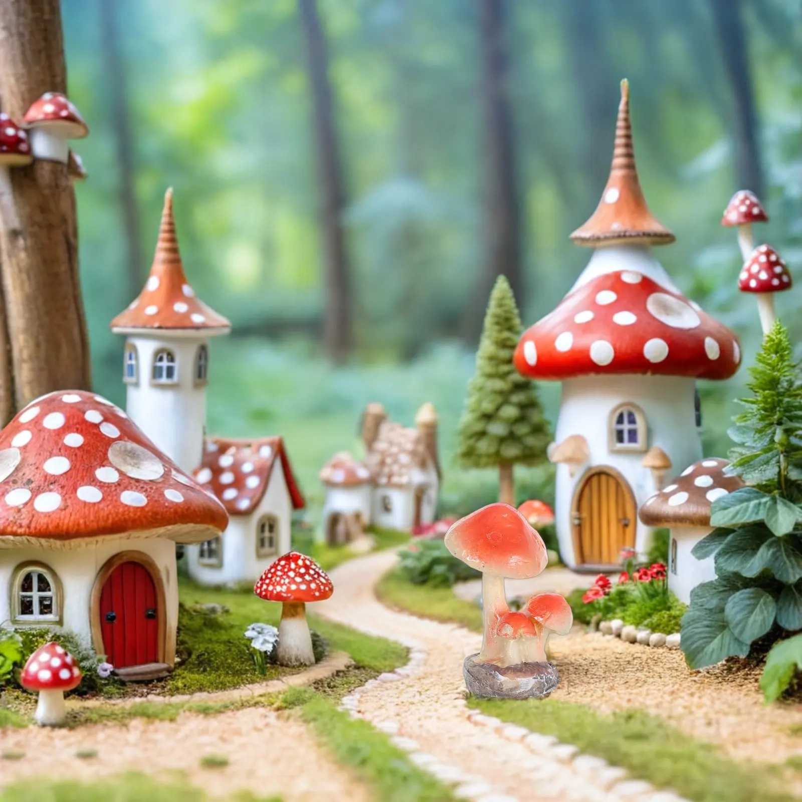3 Head Red Mushroom Resin Garden Decoration Miniature Fairy Garden Terrarium Decor Mini House Ornament for Planters Bonsai Soil