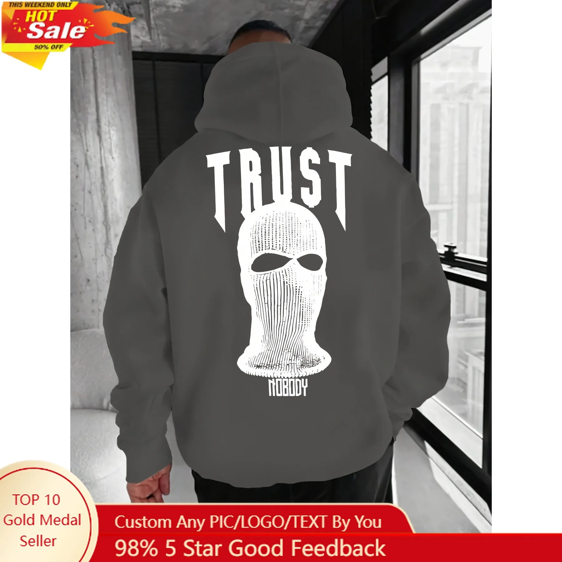 Lässiger Herren-Kapuzenpullover mit Grafikdruck – TRUST NOBODY Text- und Sturmhauben-Design, locker sitzender Pullover, maschinenwaschbarer Frühlings-/Herbststil