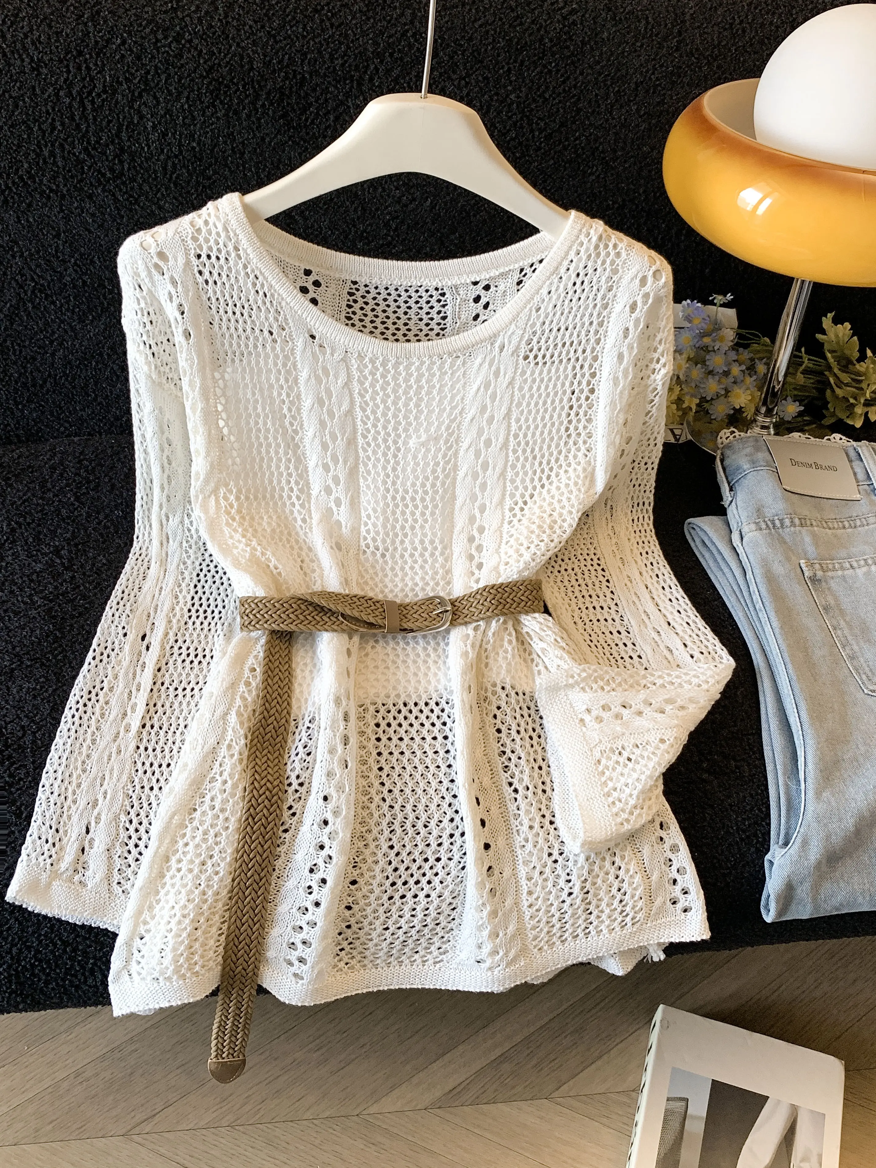 Bohemian Style Hollow-out Knitted Shirt for Women, 2026 New Spring Style, Fitted Waist, Slim-fitting, Mid-length Top