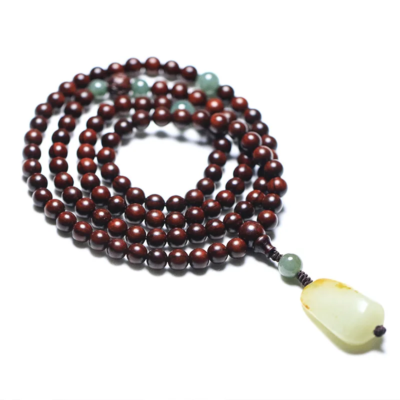 Natural Indian Small Leaf Red Sandalwood Bracelet 108 Buddhist Beads Antique Woven Jewelry Men Women's Bangle Hotan Jade Pendant