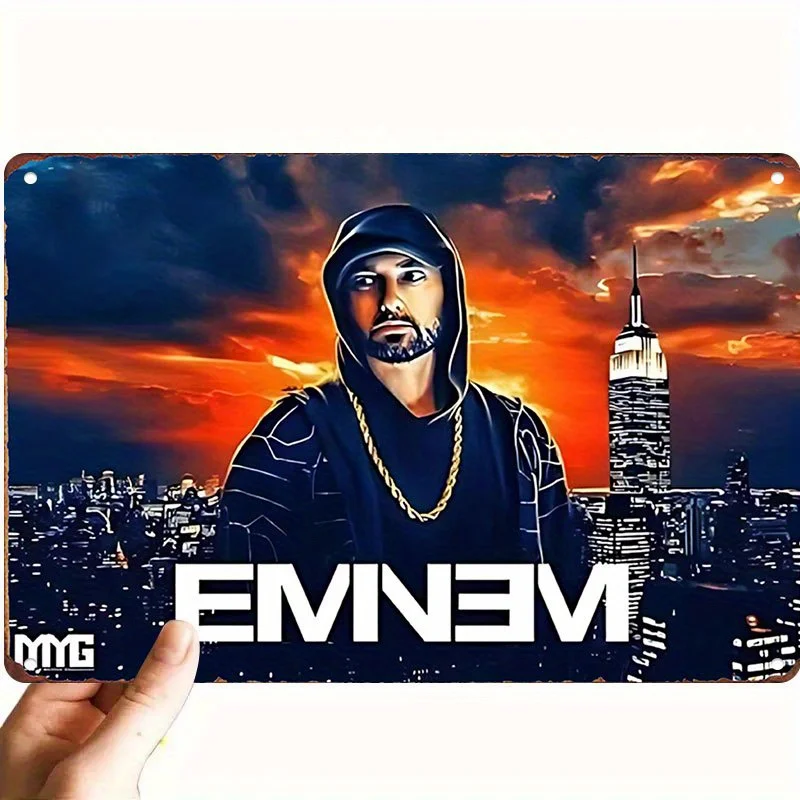 Eminem Metal Tin Sign Wall Art -  Vintage Urban Hip Hop Poster with NYC Skyline Sunset Design, Durable for Man