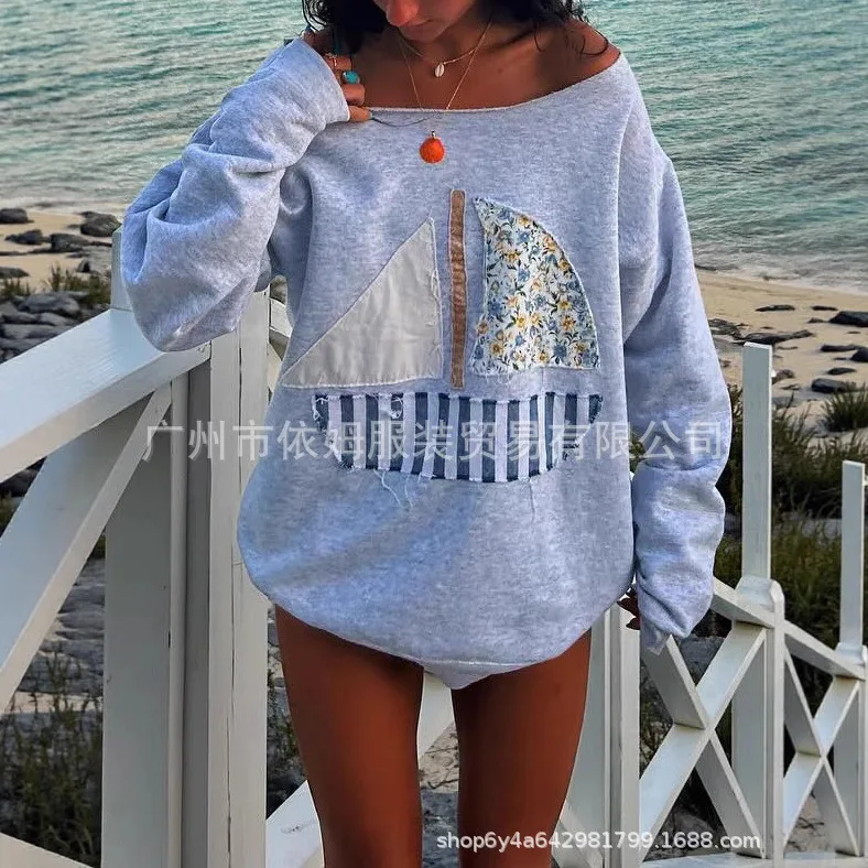

2025 New Women's Hoodie Fashionable Solid Color Print Off-shoulder One-shoulder Loose Hoodie Women's Fashionable Casual Holiday