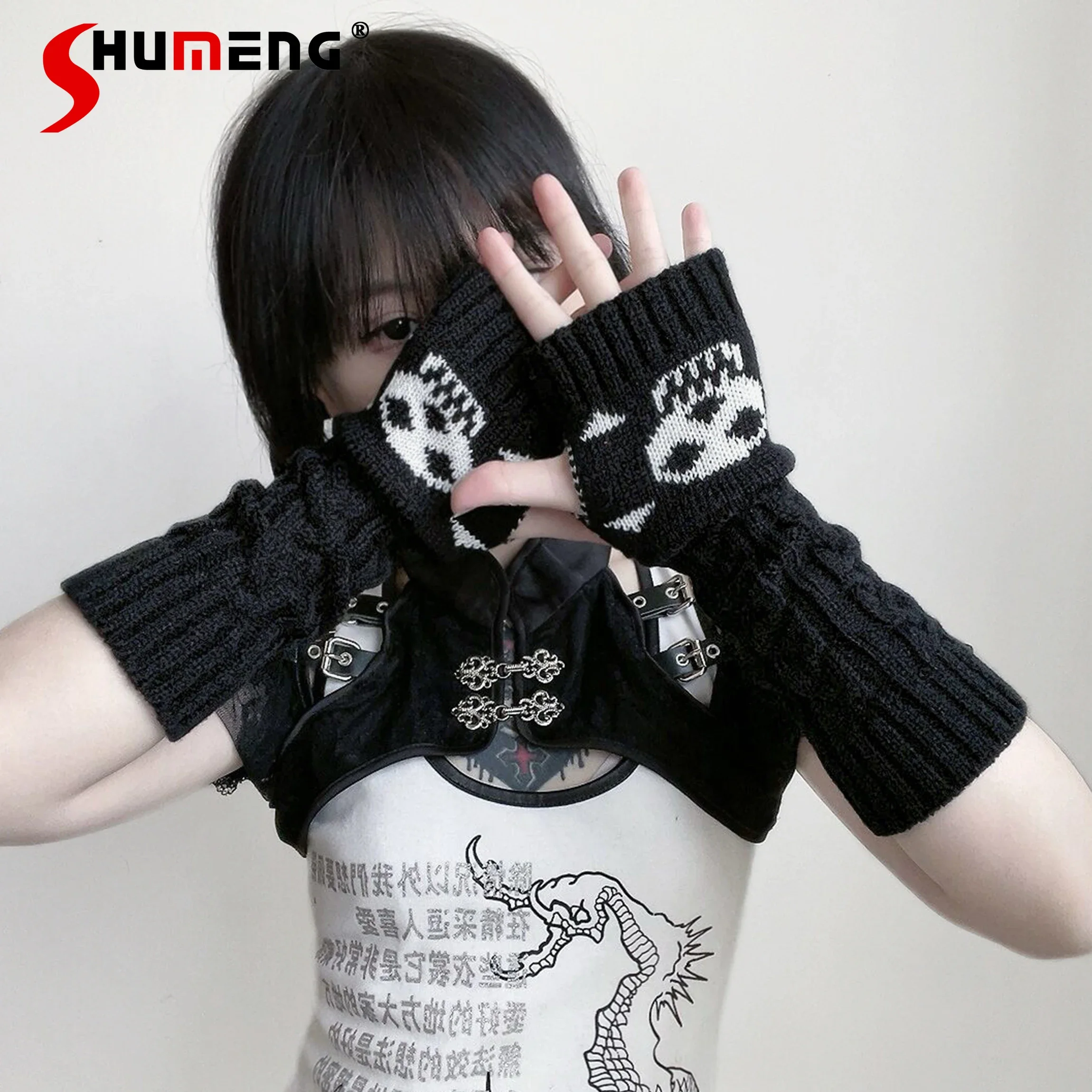 

Punk Harajuku Japanese Skull Autumn Winter Fingerless Gloves Female Goth Black Knitted Wrinkle All-Match Y2k Gloves Oversleeve