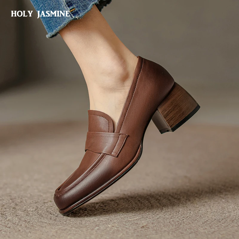 2023 Spring New High Heels Loafers Women Pumps Genuine Cow Leather Round Toe Platform Shoes Ladies Handmade Black Women Shoes