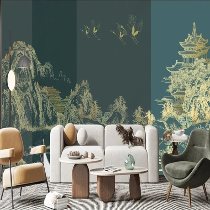 Traditional Chinese Landscape Art Mural Hand-Drawn Line Art Mountain Building Wallpaper for Living Room Background Walls