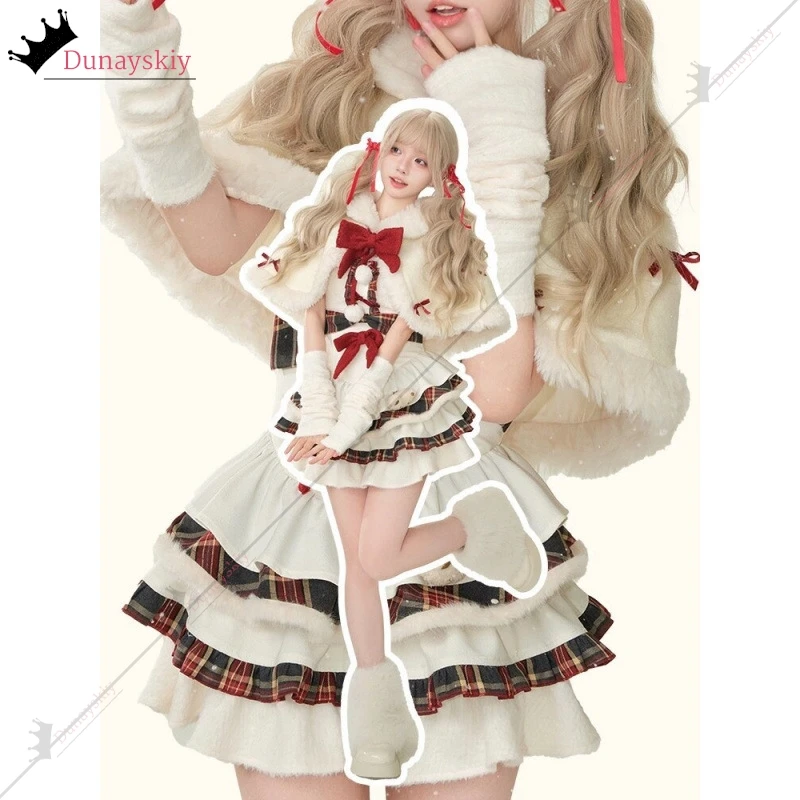 2024 Winter Christmas Robe KAWAII Lolita Dress Sweet Plush Bow Cape Coat Strap Cake Skirt Set Christmas XMAS Party Uniformed