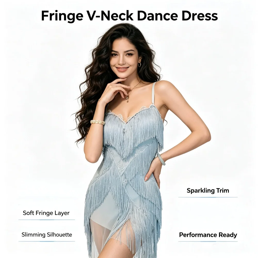 Adult Female Latin Fringe Dance Dress Irregular Tulle Hem Backless Design ChaCha Rumba Stage Performance Dance Outfit view 2