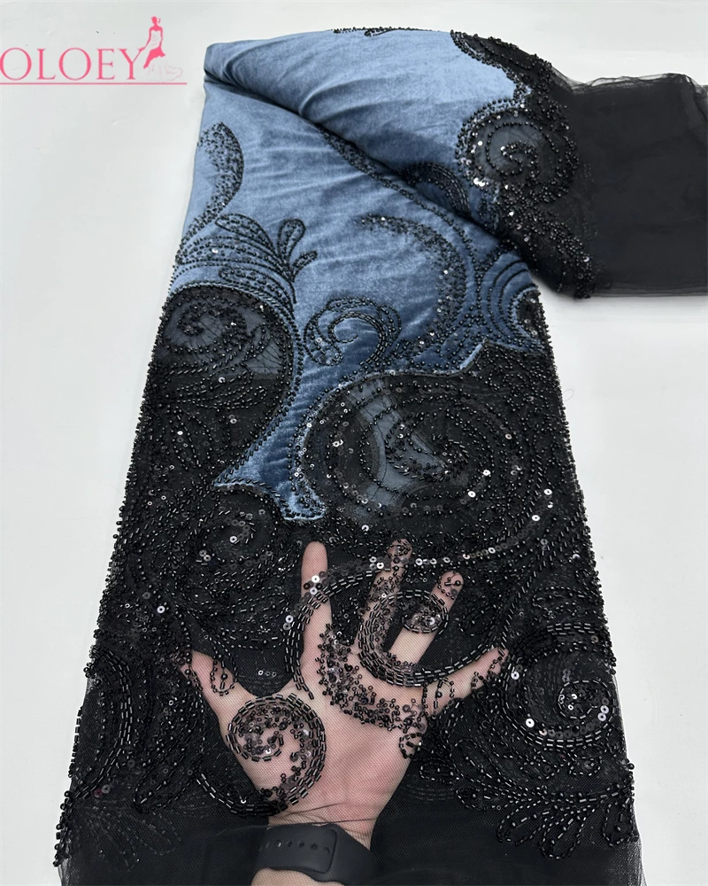 

OLOEY Luxury Velvet Lace Fabric 5 Yars High Quality Black Beaded Lace Fabric Fashion Sequin African Laces Fabric For Women