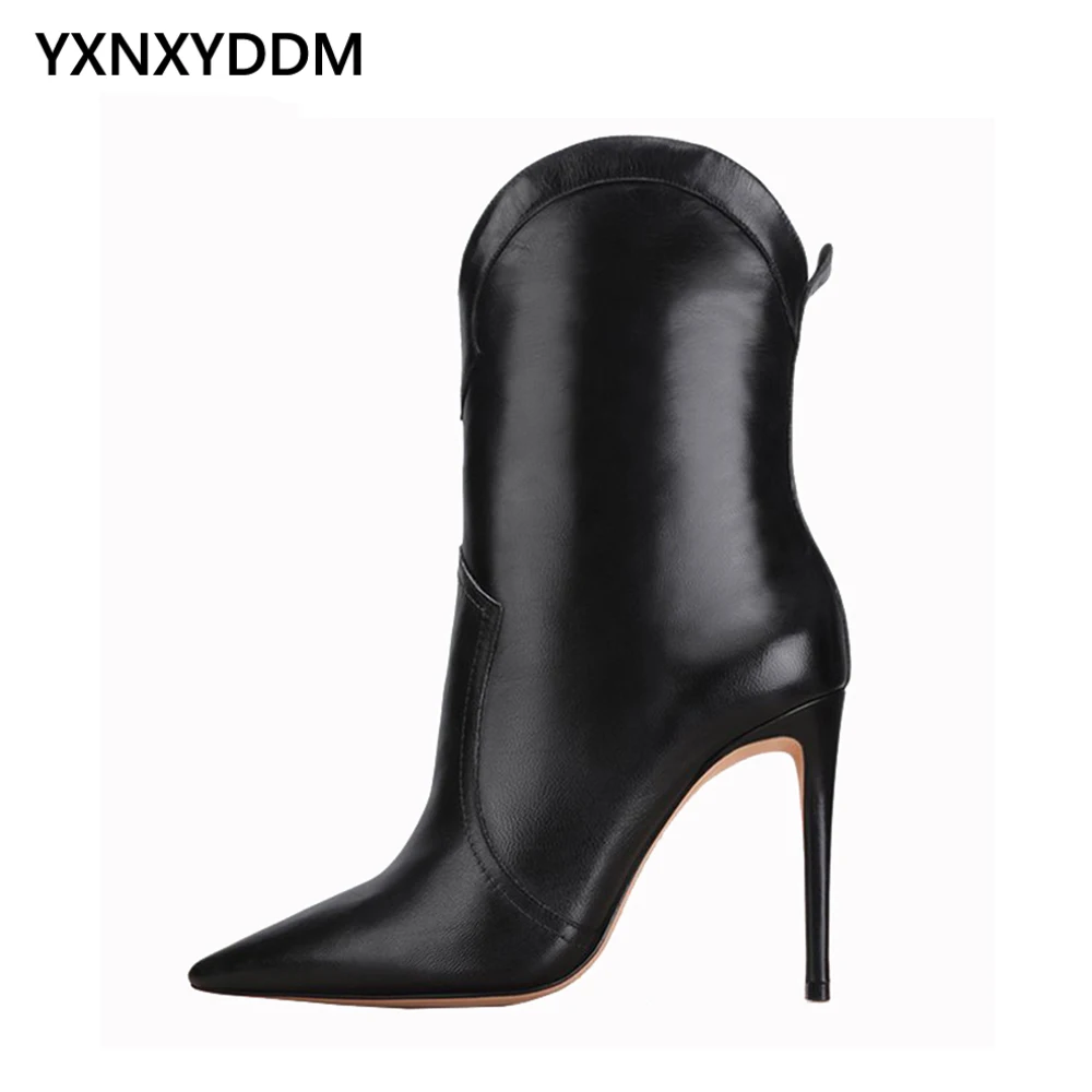 

2023 Pointed Toe High Heel Black Short Boots for Women Stilettos Party Shoes Ladies Large Size Slip-on Brown Mid-calf Boots New