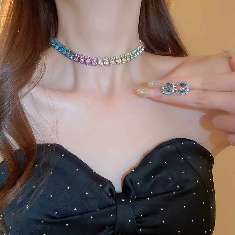 2pcs Emerald Square Earrings Necklace for Women Shining Rhinestone Trendy Versatile High-end Elegant Jewelry Set Party Gift image 3