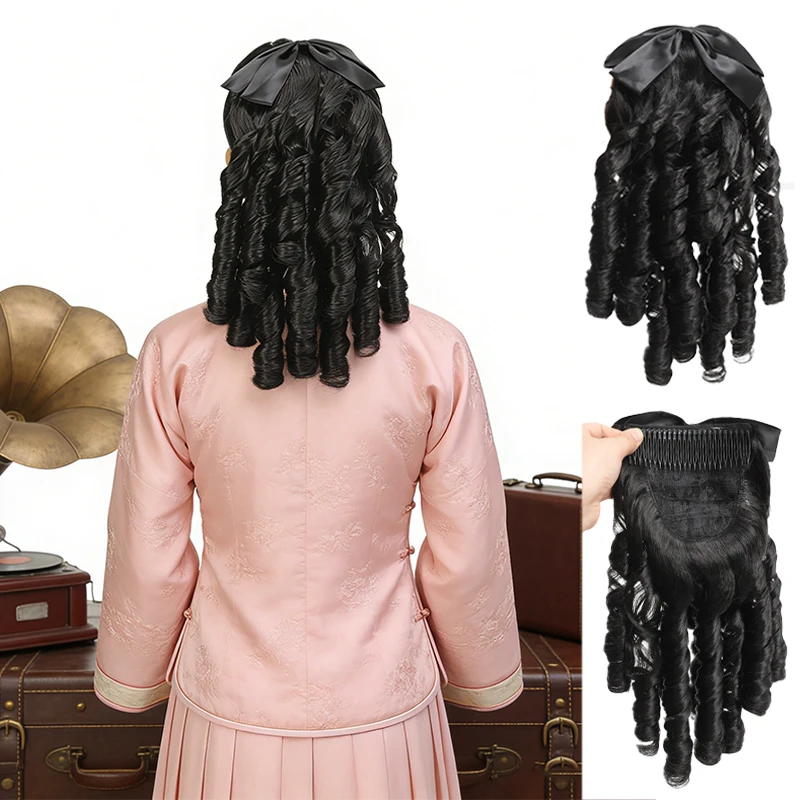 Wig Ponytail Retro Republic of China Style Hair Comb Bow Wig Simulation Princess Roman Roll Wig