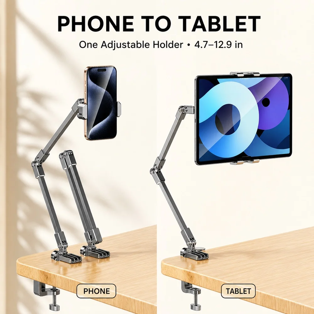 Adjustable Bed Phone Holder Stand for 4.7-12.9 Inch Phone Tablet, Foldable Metal Arm Desk Clamp, 360° Viewing view 5
