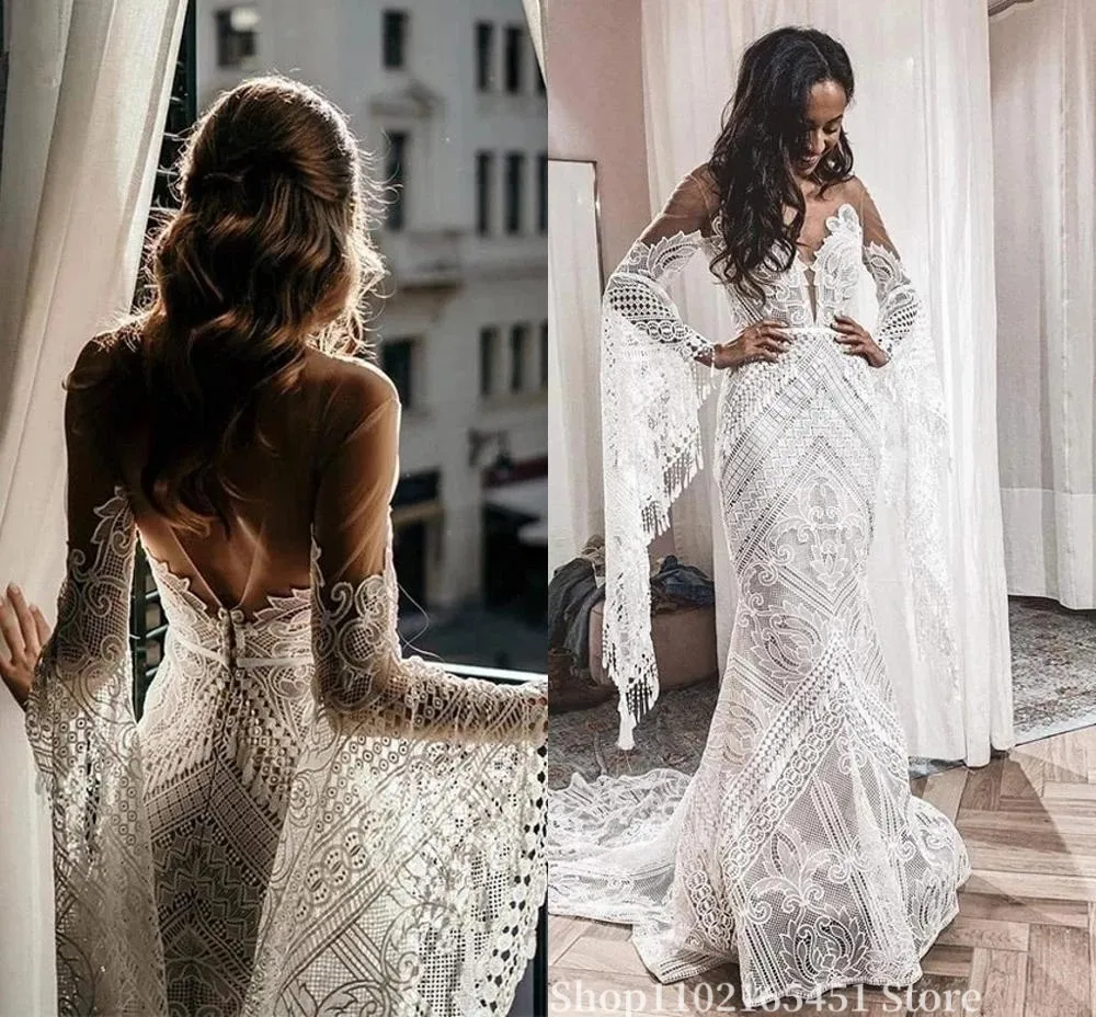 Crochet Lace Wedding Dresses Hippie Style See Through Flare Long Sleeves Country Bridal Gowns Vestido De Noivas Customized