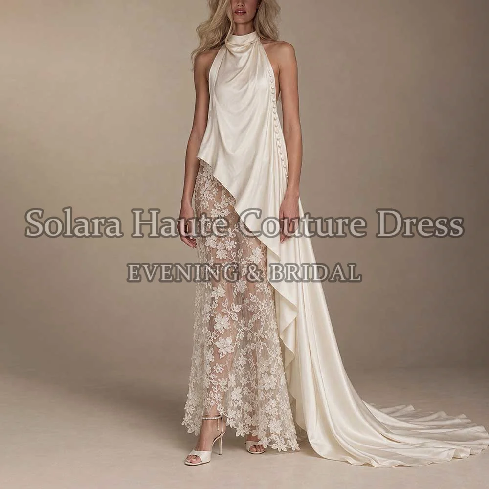 Chic Floor Length Evening Dress Halter Neck Draped Satin Sheer Floral Lace Asymmetrical Satin Train Side Buttons Formal Gown