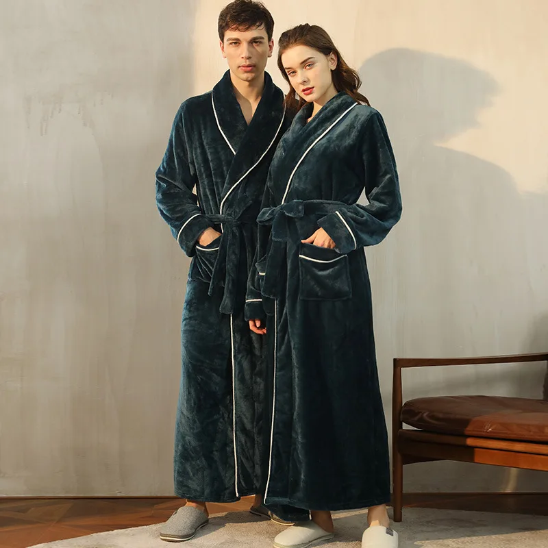 Autumn Winter Plus Size Thickened Warm Couple Flannel Long Robe Sleepwear New Bathrobe Gown Coral Fleece Home Wear