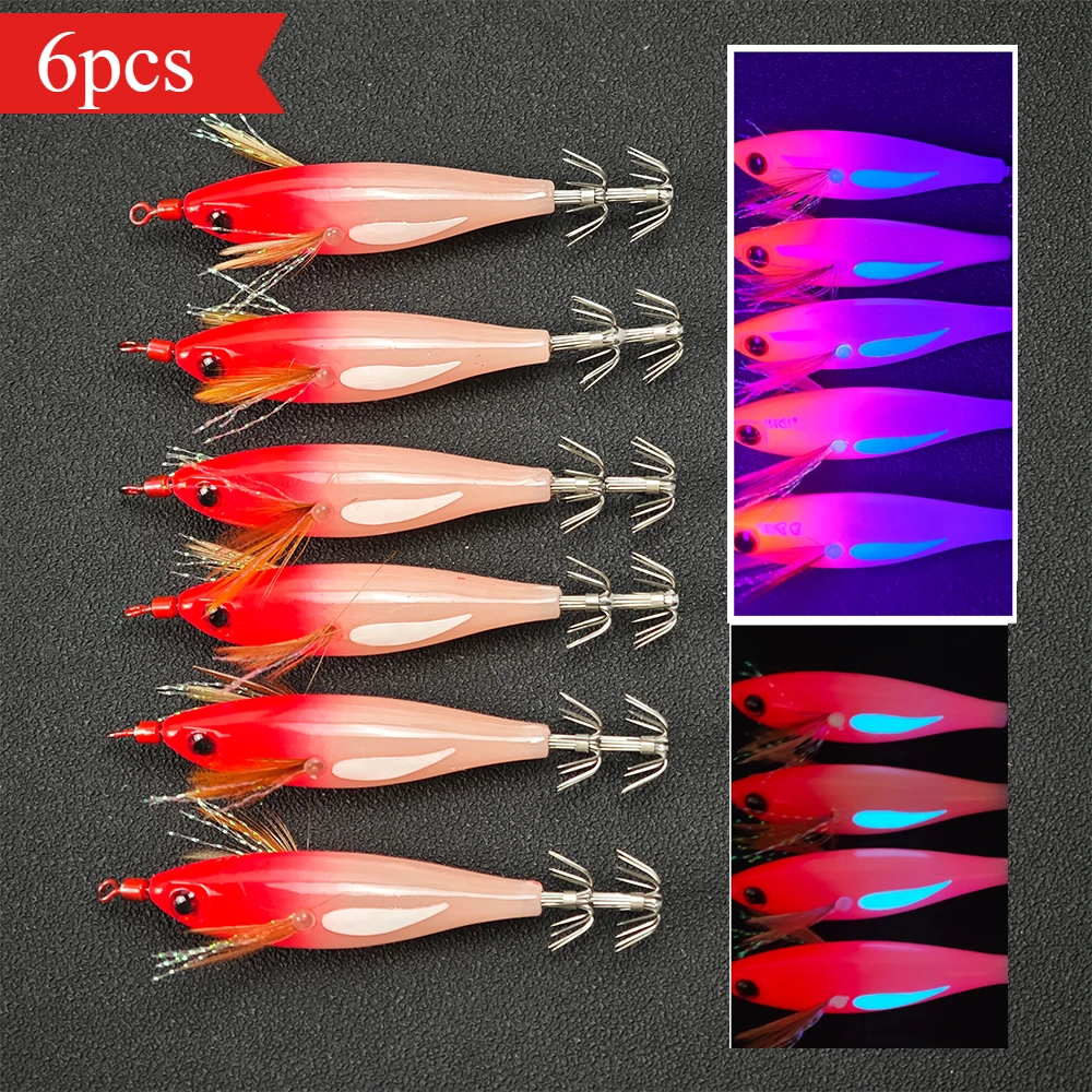 Conjunto de 6 Iscas Horizontais para Lula (Egi Set) com Brilho UV Luminoso, Isca Artificial de Camarão de Madeira para Pesca em Água Salgada, para Choco e Polvo