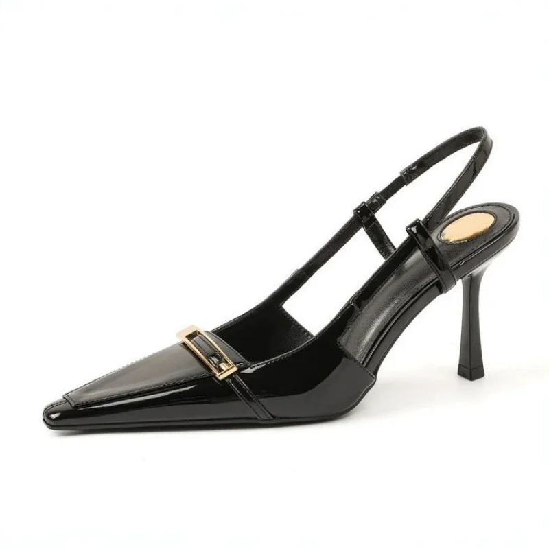 Women's Black Patent Leather Gold Square Buckle Slingback Pointed Toe High Heel Pumps Elegant Office Commuter Ladies Footwear