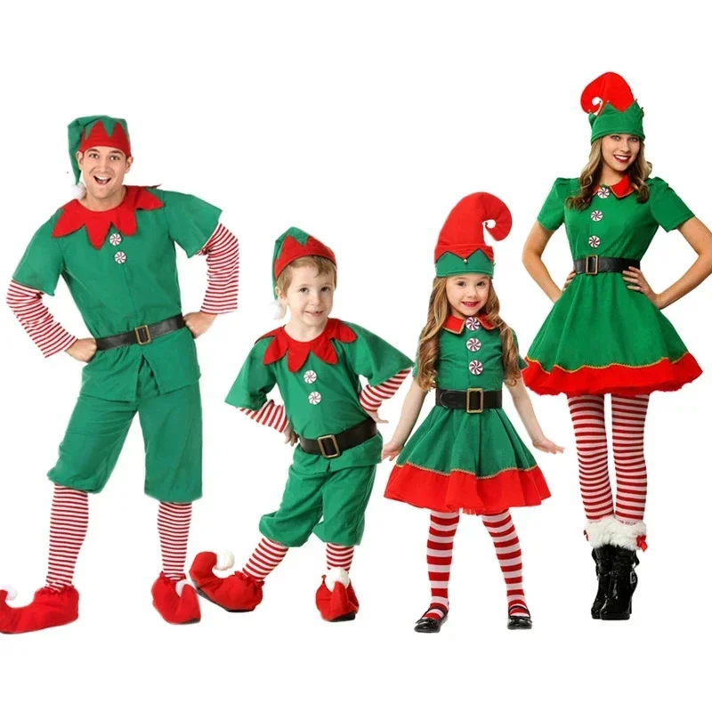 2025 New A Christmas Santa Claus Costume Green Elf Cosplay Family Carnival Party New Year Fancy Dress Clothes Set For Men  w8e9r
