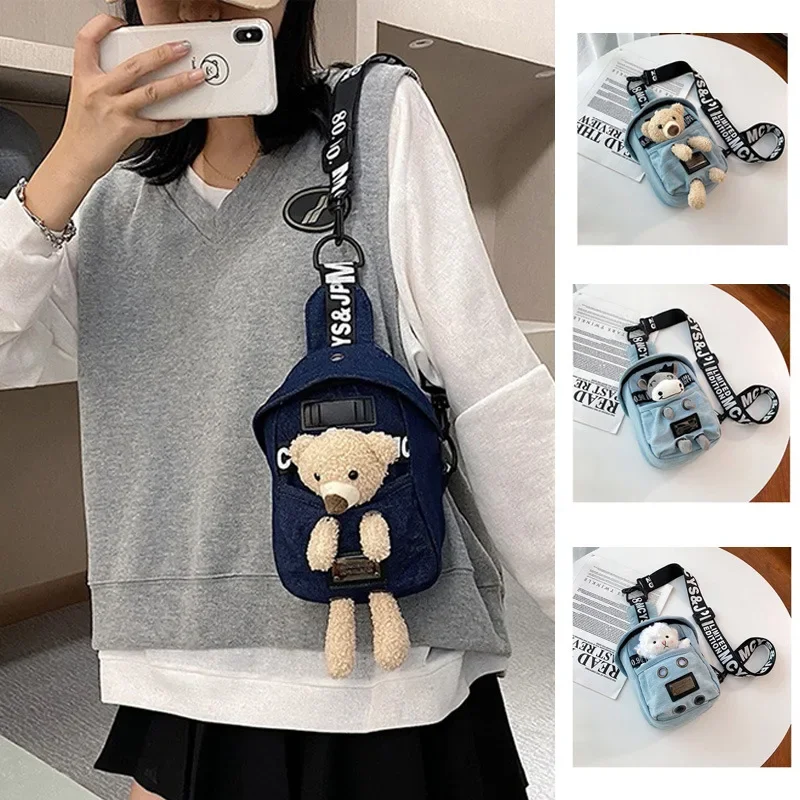 Ins Korean Denim Canvas Crossbody Chest Bag Kawai Bear Lamb Casual Waist Belt Bag Adjustable Cool Crossbody Chest Bags Hip Purse