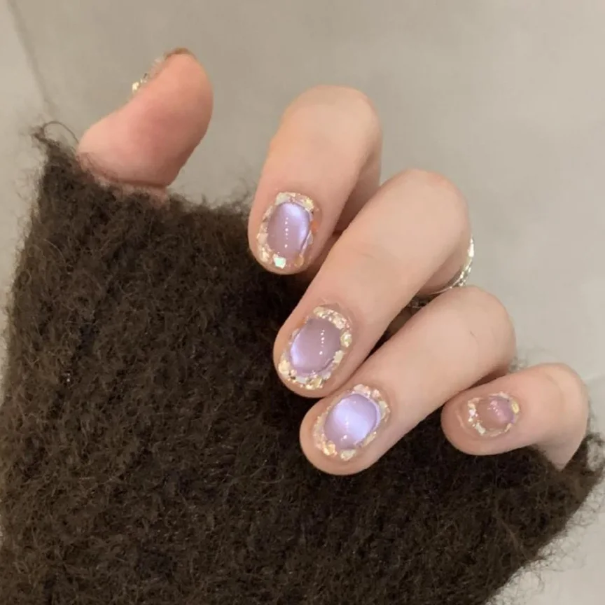 

10pcs Handmade Press on Nails Purple Moonlight Cat's Eye Flash False Nail for Women&Girl Short Removable Wearable Fake Nail Art