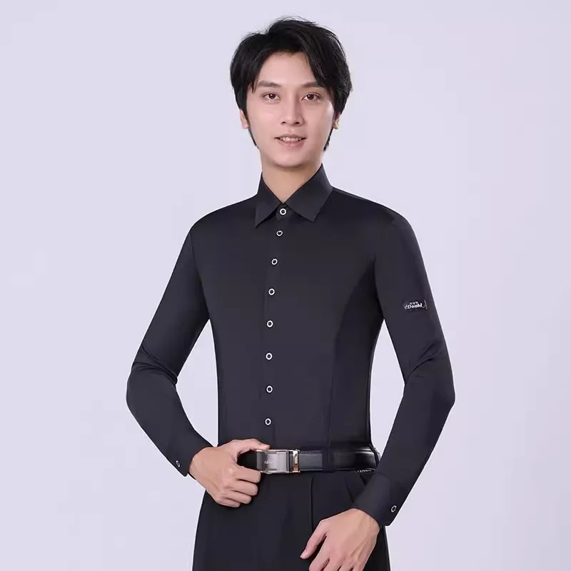 Men\'s Latin Dance Shirt Long Sleeve Black Ballroom Dancing Top Salsa Modern Waltz Tango Dancewear Standard Performance Clothes