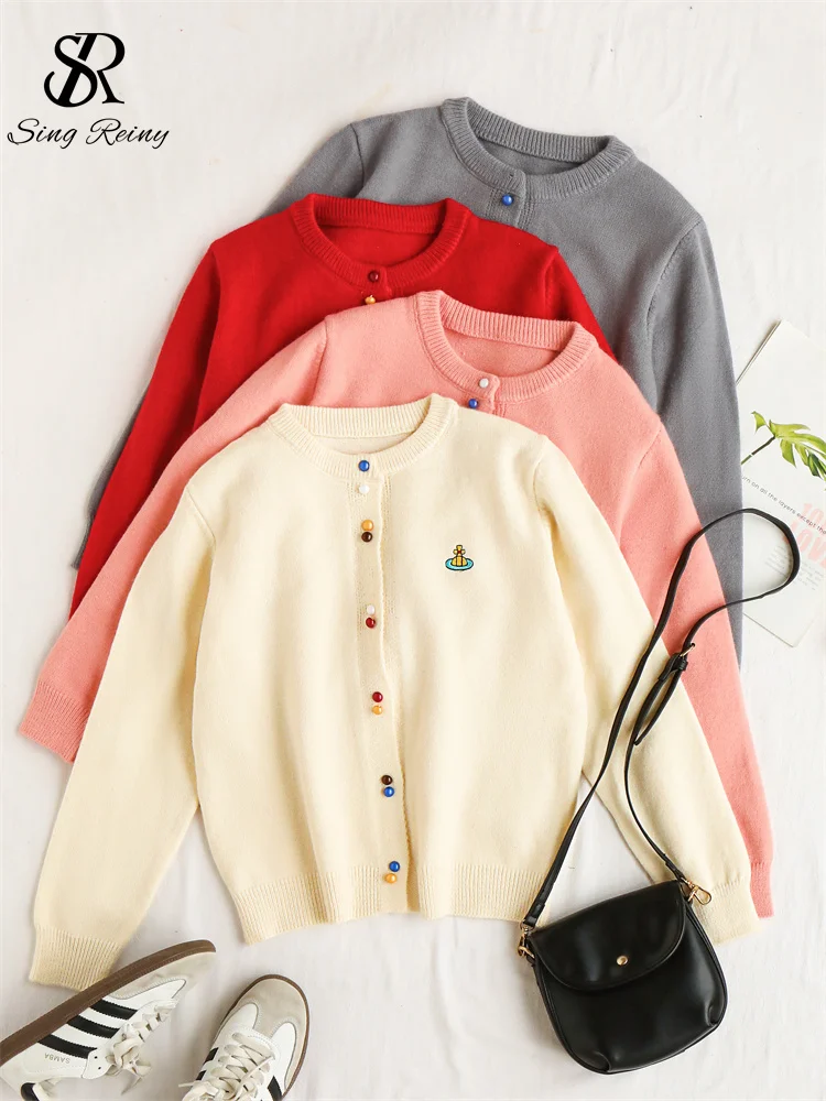 SINGREINY Knitted Solid Soft Sweater Cardigan Ladies O-Neck Full Sleeves Pearls Buttons Chic Design Autumn Casual Warm Pullover