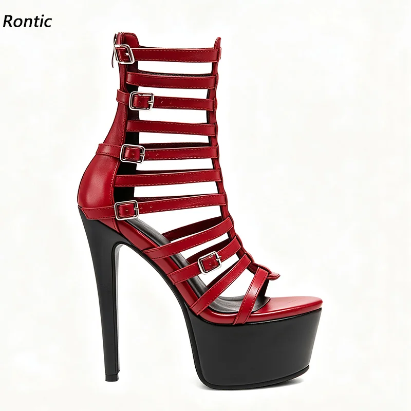 Rontic Women Gladiator Platform Sandals Multi Buckle Strap Round Toe Stiletto Heels Back Zipper Nightclub Shoes Size 5-20