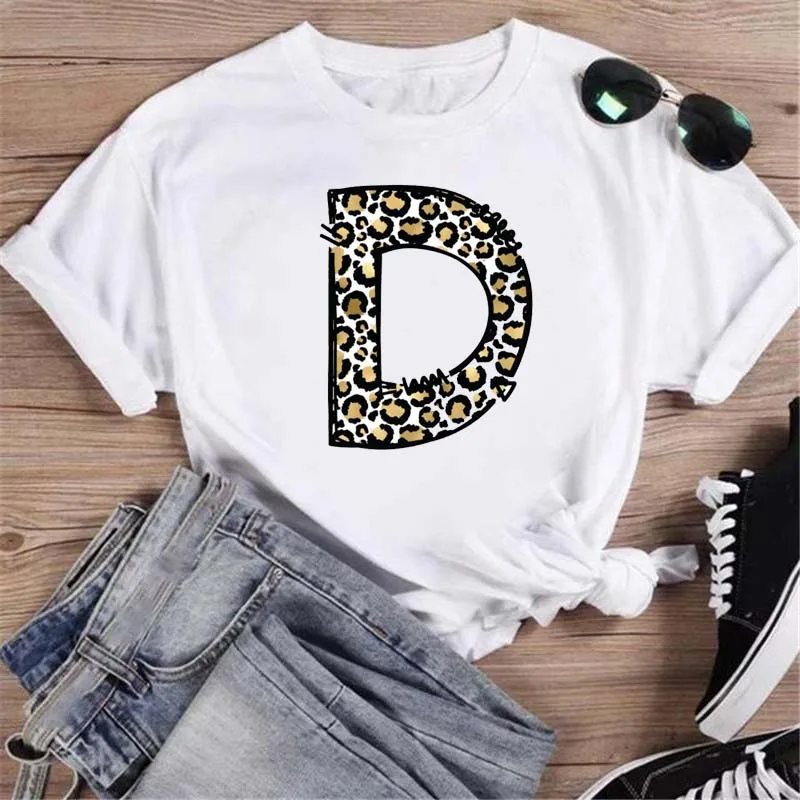 2026 Women's T Shirt Letter Combination Printing Tshirt Leopard Print Font A B C D E F G Short Sleeve Ladies T-Shirt Y2k Top
