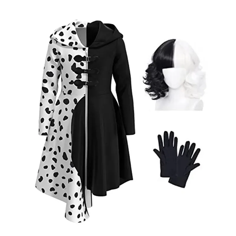 Anime Cruella De Vil Cosplay Anime Costume 101 Dalmatians Cruella Cosplay Black White Maid Dress Women's Funny Costume